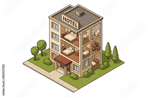 Detailed isometric view of a modern hotel building structure with cutaway rooms and interior furnishings
