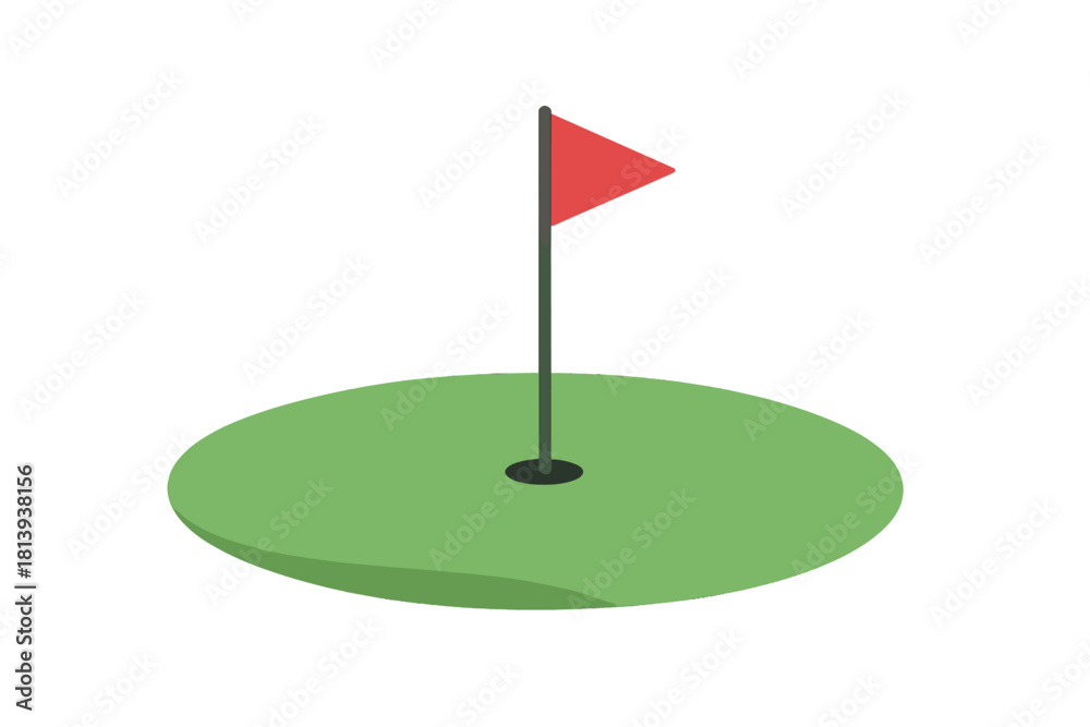 Fototapeta premium Simple golf course putting green graphic showing the hole and a red flag marker