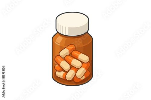 Container of prescription medication capsules in an amber bottle with a white cap