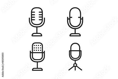 Set of outline style microphone symbols for podcasting, radio, and sound recording