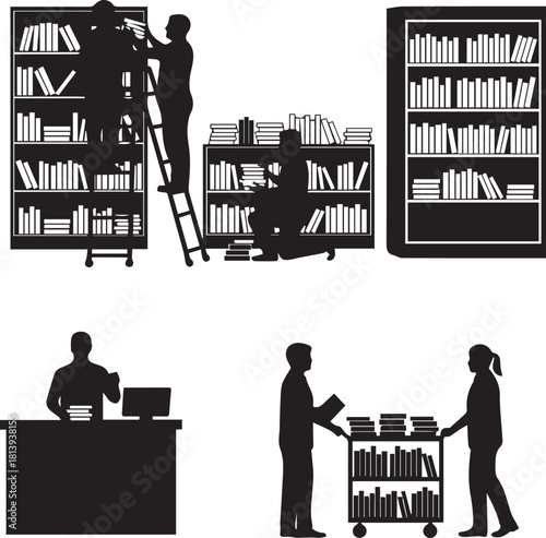 Silhouettes of people working in a library organizing books and shelves for international volunteer day
