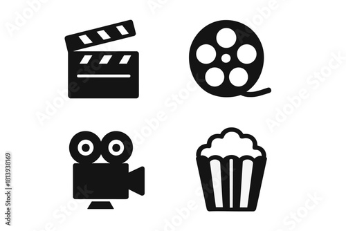 Classic movie and film production icons set featuring clapperboard, camera, reel, and popcorn