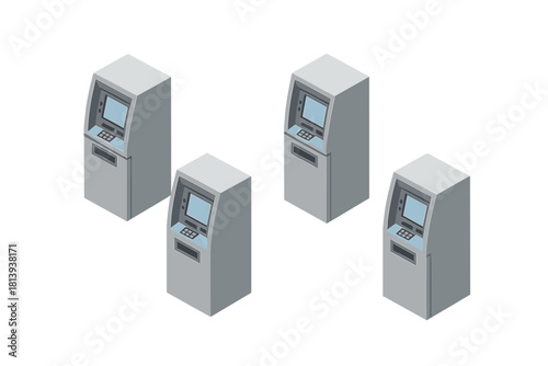 Four isometric automated teller machines for banking and financial transactions isolated on white