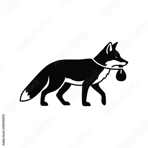 Black fox carrying bag in mouth stylized animal illustration isolated on white background