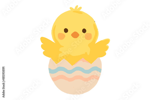 Adorable yellow baby chick hatching from a colorful decorated Easter eggshell on white background