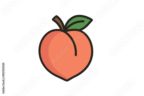 Minimalist ripe peach fruit with stem and green leaf on white background