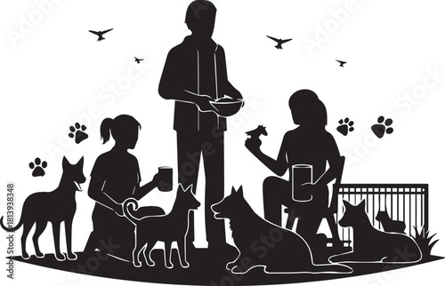International volunteer day celebrating animal care family and dogs outdoors with paw prints and birds