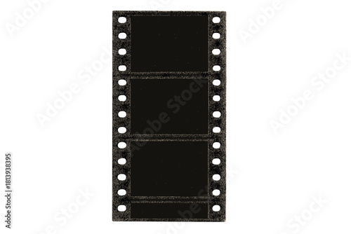 Vertical strip of black 35mm photographic film with blank frames and sprocket holes isolated on white