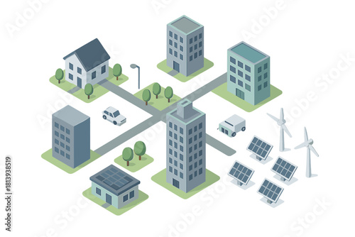 Isometric smart city grid with residential and commercial buildings utilizing renewable energy sources
