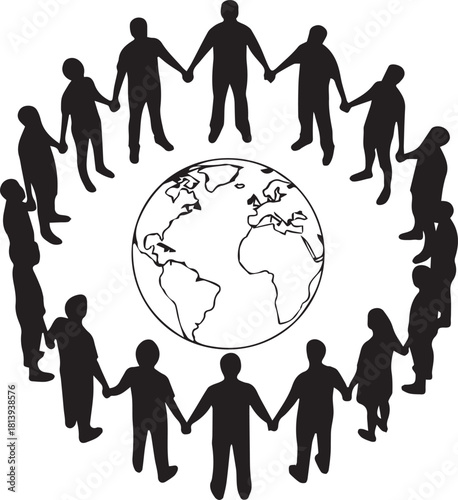 Diverse people holding hands in circle around planet earth for global unity and volunteerism