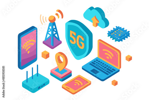 Modern wireless communication infrastructure with 5G network security and connected digital devices