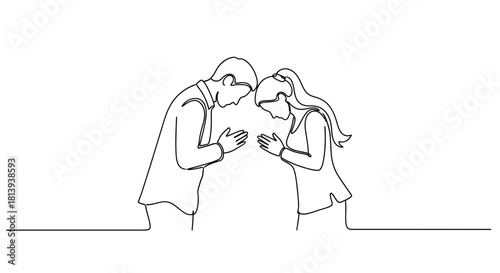 Continuous Line Drawing of a Man and Woman Bowing in Respect or Agreement minimal sketch
