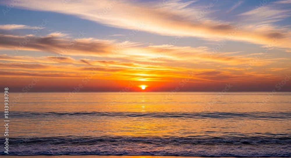 Obraz premium Golden Hour Ocean Sunset - A stunning sunset over the ocean, with vibrant colors reflecting on the water. Peaceful and serene