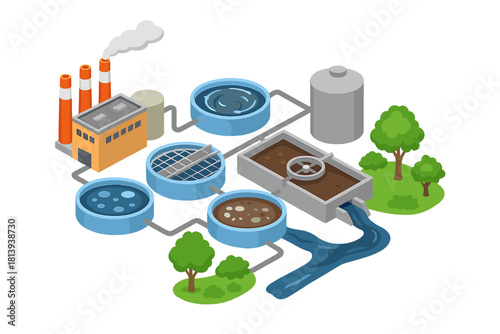 Industrial facility with water purification system and sewage treatment stages