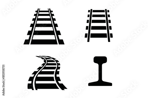Set of railway track symbols showing perspective, straight, curved, and cross section views