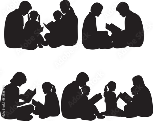Silhouettes of families reading books together celebrating international volunteer day concept