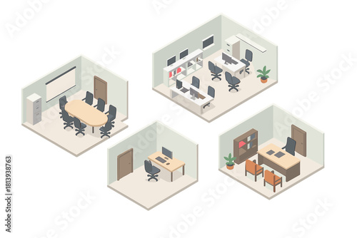 Isometric modern interiors set with meeting room and private workspaces