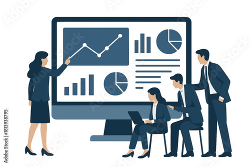 Corporate team analyzing market statistics and performance metrics displayed on a monitor
