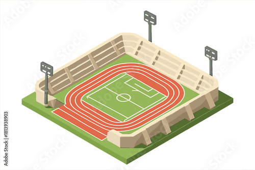 Isometric view of a large sports stadium with running track and soccer field outlines surrounded by empty spectator seating and floodlights