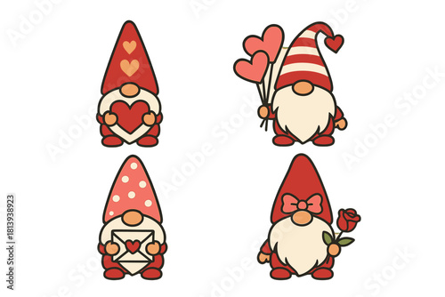 Four adorable holiday gnomes holding romantic symbols including hearts, a rose, and a love letter