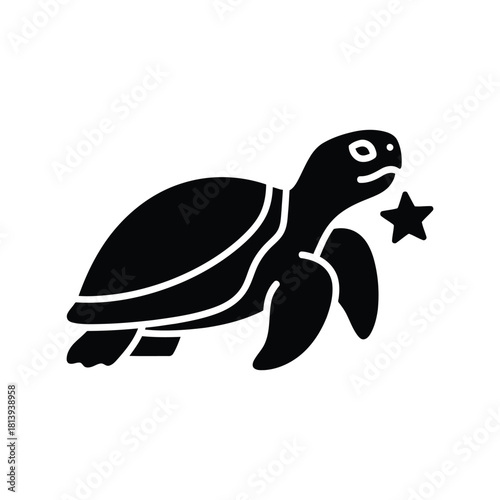 Black silhouette sea turtle swimming with star marine life illustration isolated on white background