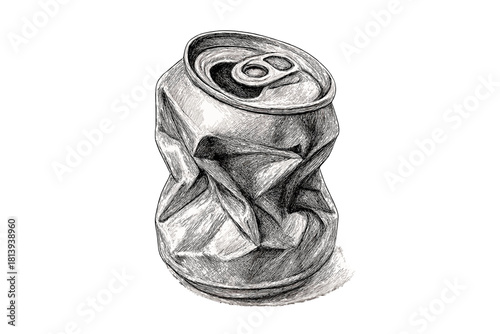 Monochrome drawing of a severely crushed aluminum soda can isolated on white background