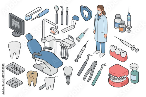 Isometric dental equipment, tools, teeth models, and dentist professional collection