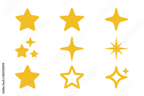 A variety of yellow gold star shapes and sparkling light effects for design elements
