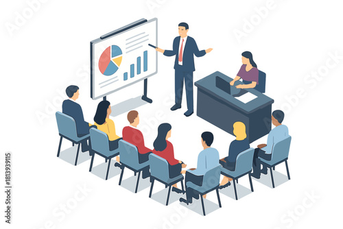 Business meeting presentation with speaker addressing audience in isometric view