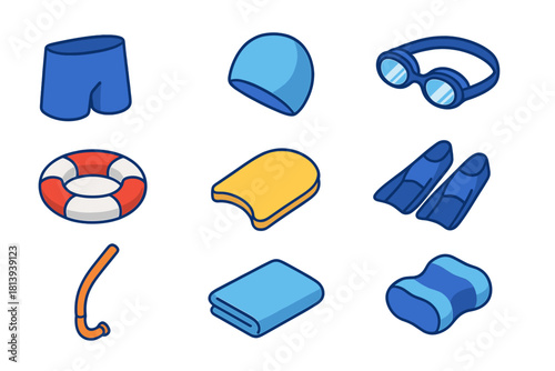 Isometric collection of swimming accessories: goggles, fins, cap, trunks, kickboard, and lifebuoy