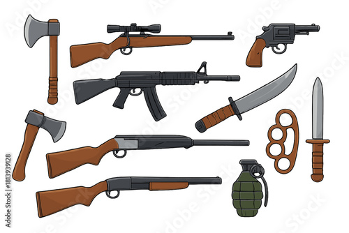 Assortment of firearms, knives, axes, and military combat equipment isolated on white