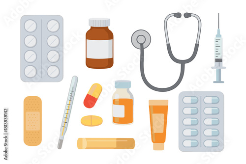 Collection of essential medical supplies including stethoscope, thermometer, syringe, and medications