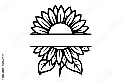 Black outline sunflower split monogram frame for custom text or initial placement