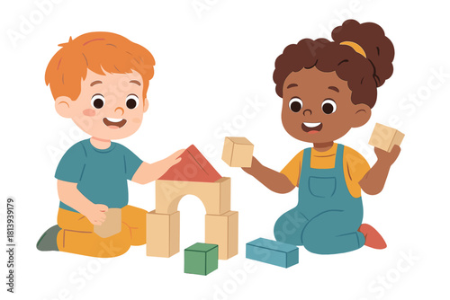 Happy diverse children playing together with wooden building blocks on the floor