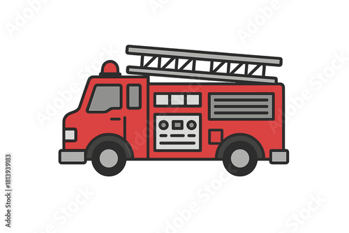 Red fire engine truck with ladder on roof isolated on white background for emergency services