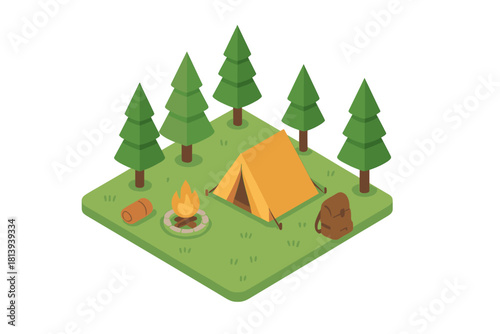 Isometric camping scene featuring a tent, campfire, pine trees, and backpack on green grass