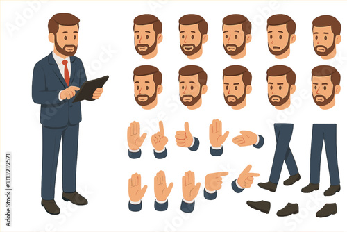 Professional businessman character kit with interchangeable body parts and emotional poses