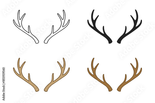 Collection of four different stylized deer and reindeer antlers isolated on white background