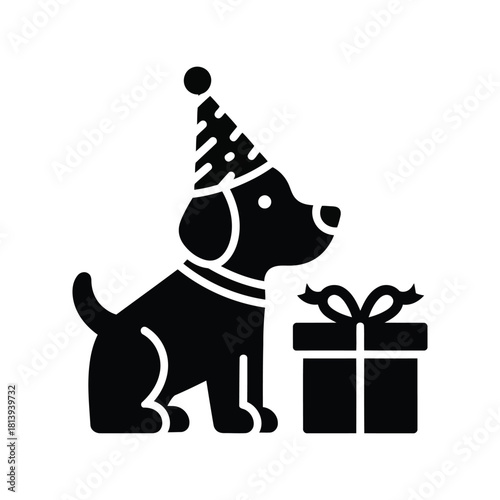 Cute dog wearing party hat with gift box festive celebration icon isolated on white background