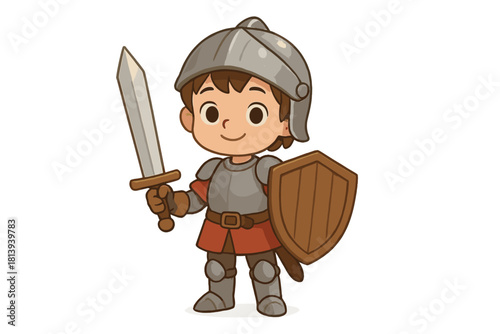 Smiling young knight character wearing armor and helmet holding a sword and shield