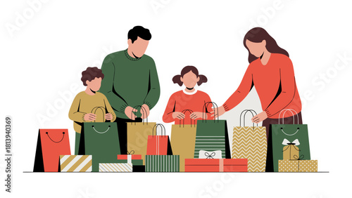 Holiday shopping: A family engaged in the joyful ritual of gift unwrapping, with shopping bags and beautifully wrapped presents. capturing the spirit of giving and togetherness.