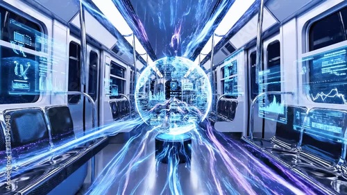 Futuristic subway interior with data streams and a digital sphere amidst seating and windows