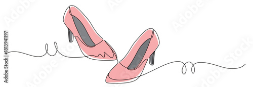 Continuous line art of a pair of women's high-heeled shoes with curved lines. Stylish concept in clothing. This image is for a shoe store banner. Vector illustration with attractive colors.
