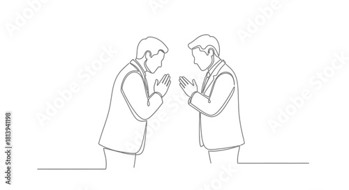 Continuous line drawing of two businessmen greeting each other business etiquette modern outline
