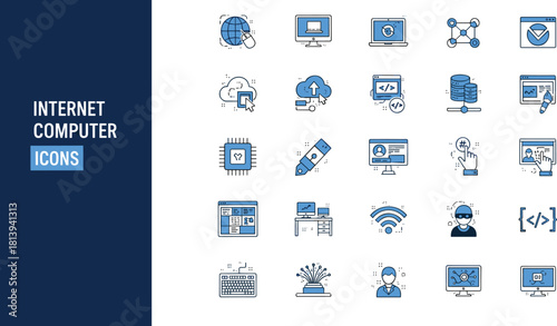 Internet and computer technology icons set, vector blue symbols covering coding, network, cloud, server, wifi, and cyber security for web