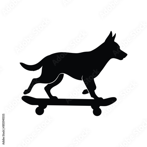 Black dog silhouette riding skateboard active pet urban sport fun animal isolated on white background