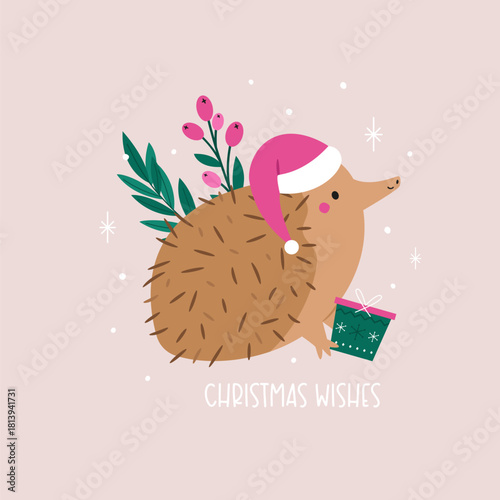 Cute Cartoon Echidna Wearing Santa Hat Holding Gift and Christmas Wishes Text.