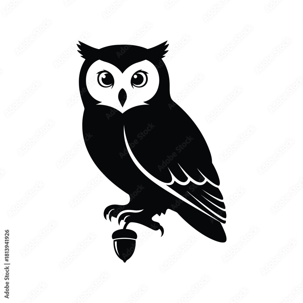 Naklejka premium Black owl silhouette holding acorn wisdom symbol vector illustration isolated on white background