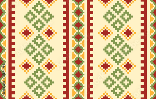 Seamless Christmas pixel pattern vector in retro 8-bit style, featuring festive holiday motifs. Perfect for Christmas wrapping paper, sweaters, greeting cards, backgrounds, and textile design.
