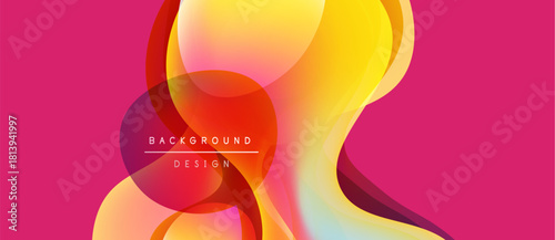 Abstract fluid shapes overlap, creating vibrant color gradients. Pink background enhances dynamic visual composition. Modern design element.